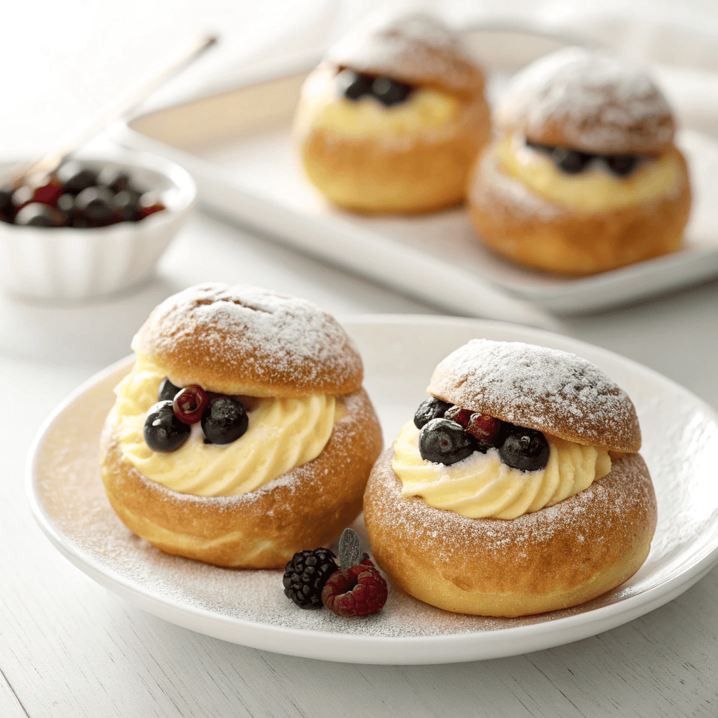 Golden Danish carnival buns with vanilla custard and berries served on a white plate.
