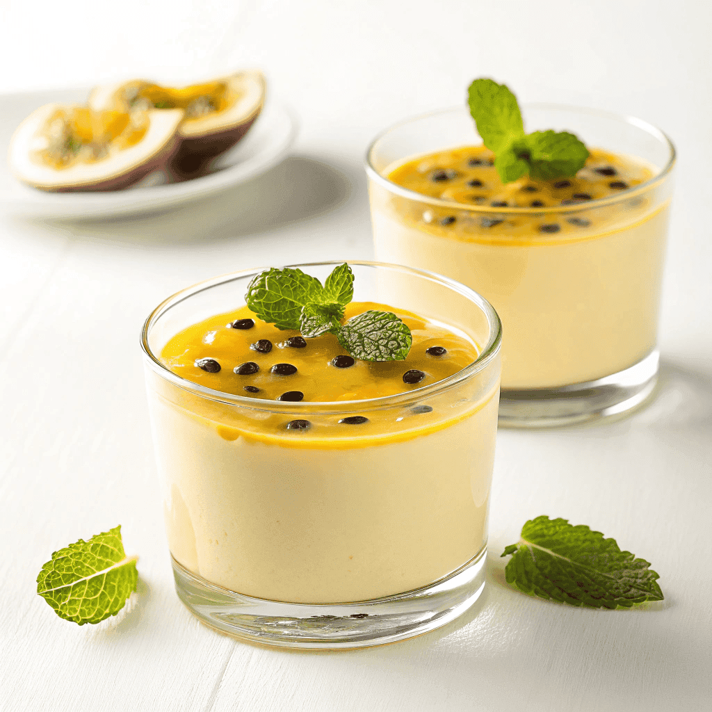 Passion fruit mousse in a clear glass with pulp and mint on a white background.