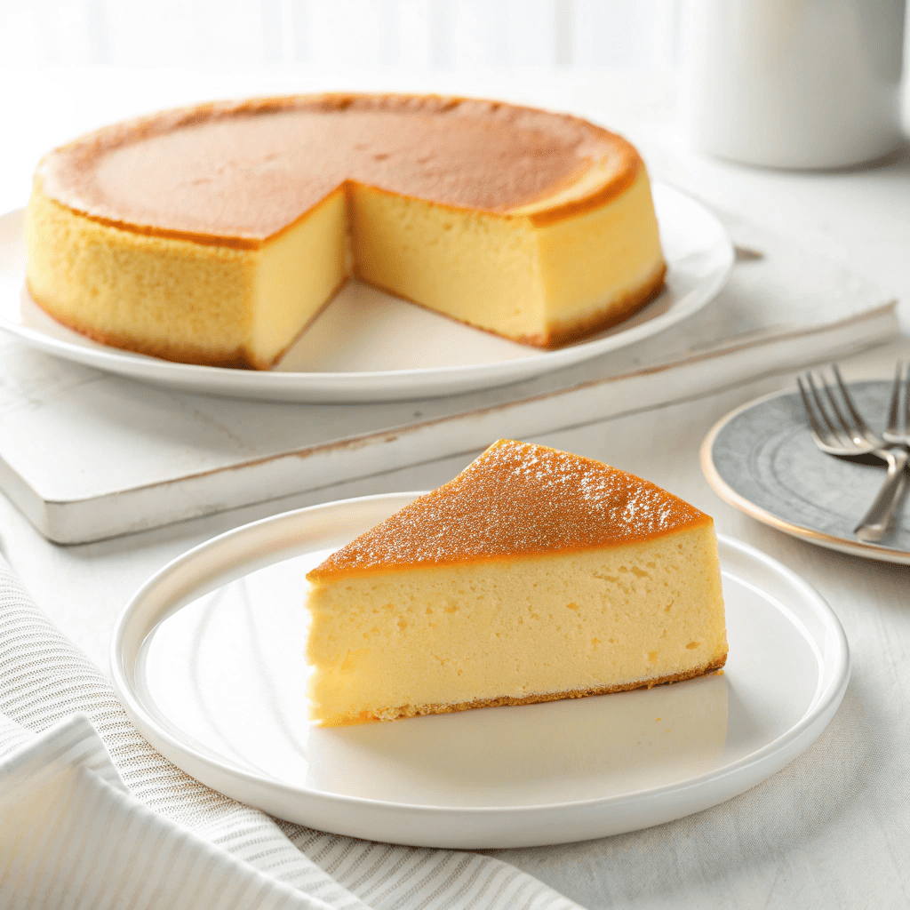 Custard cake slice with smooth custard center and golden crust on a white plate.