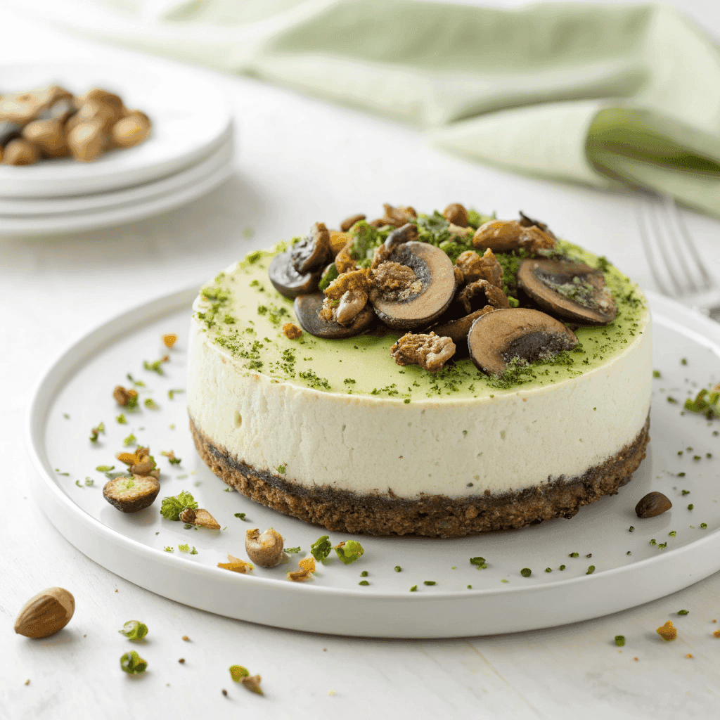 Savory pistachio mushroom cheesecake served on a white plate with mushroom and nut topping.