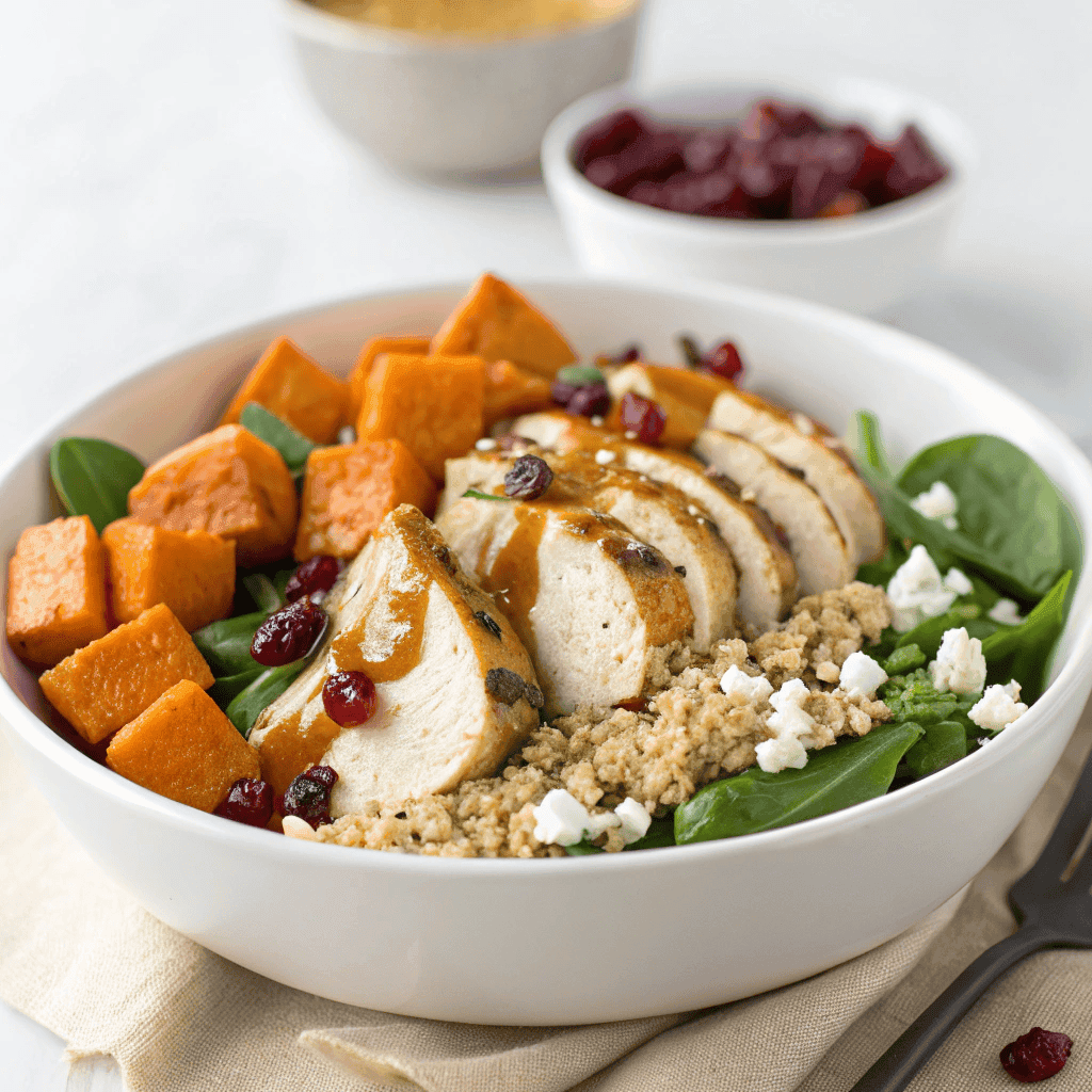 Clean white bowl of maple Dijon chicken with roasted sweet potatoes, quinoa, spinach, feta cheese, cranberries, and pecans.