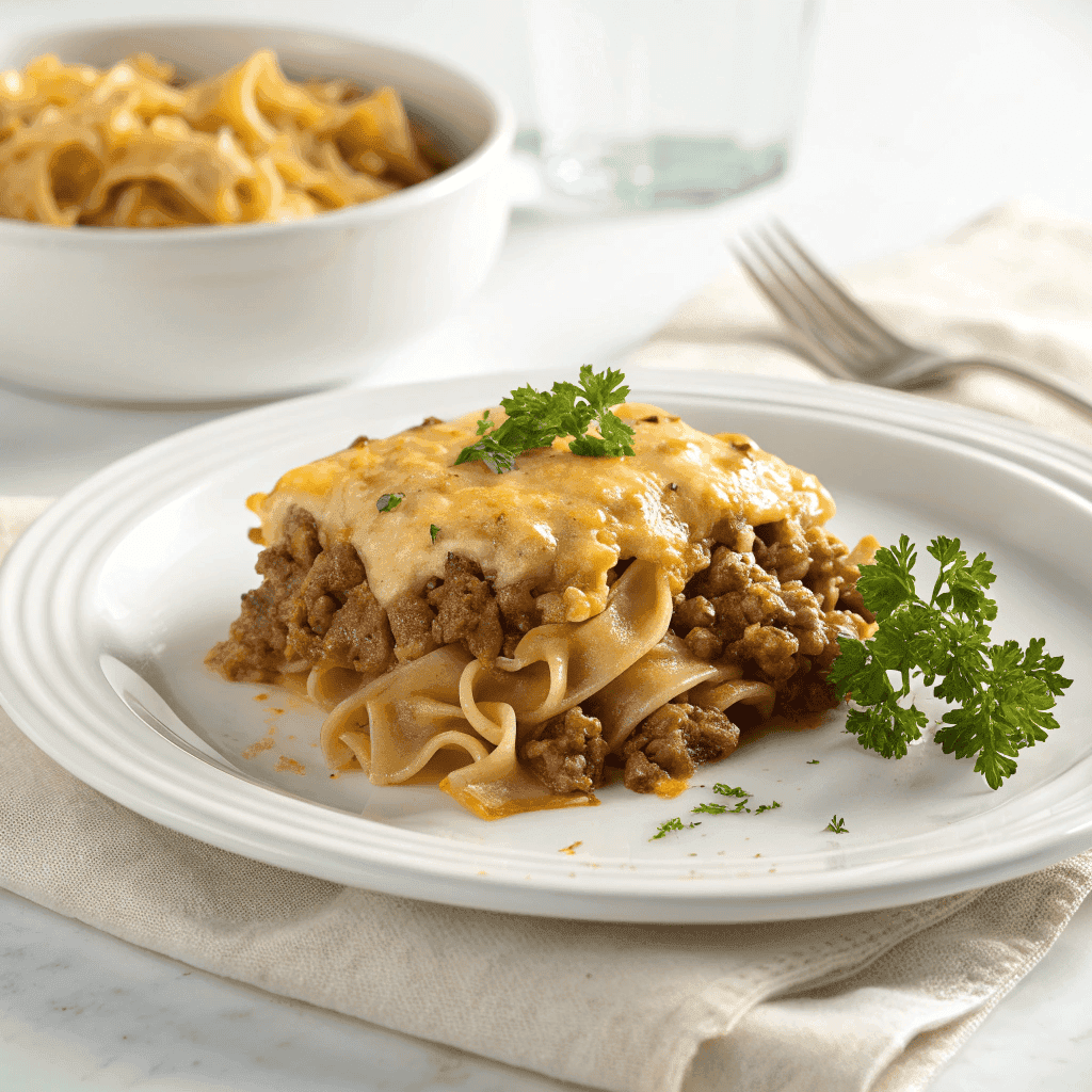 Single serving of sour cream beef noodle casserole on a clean white plate.
