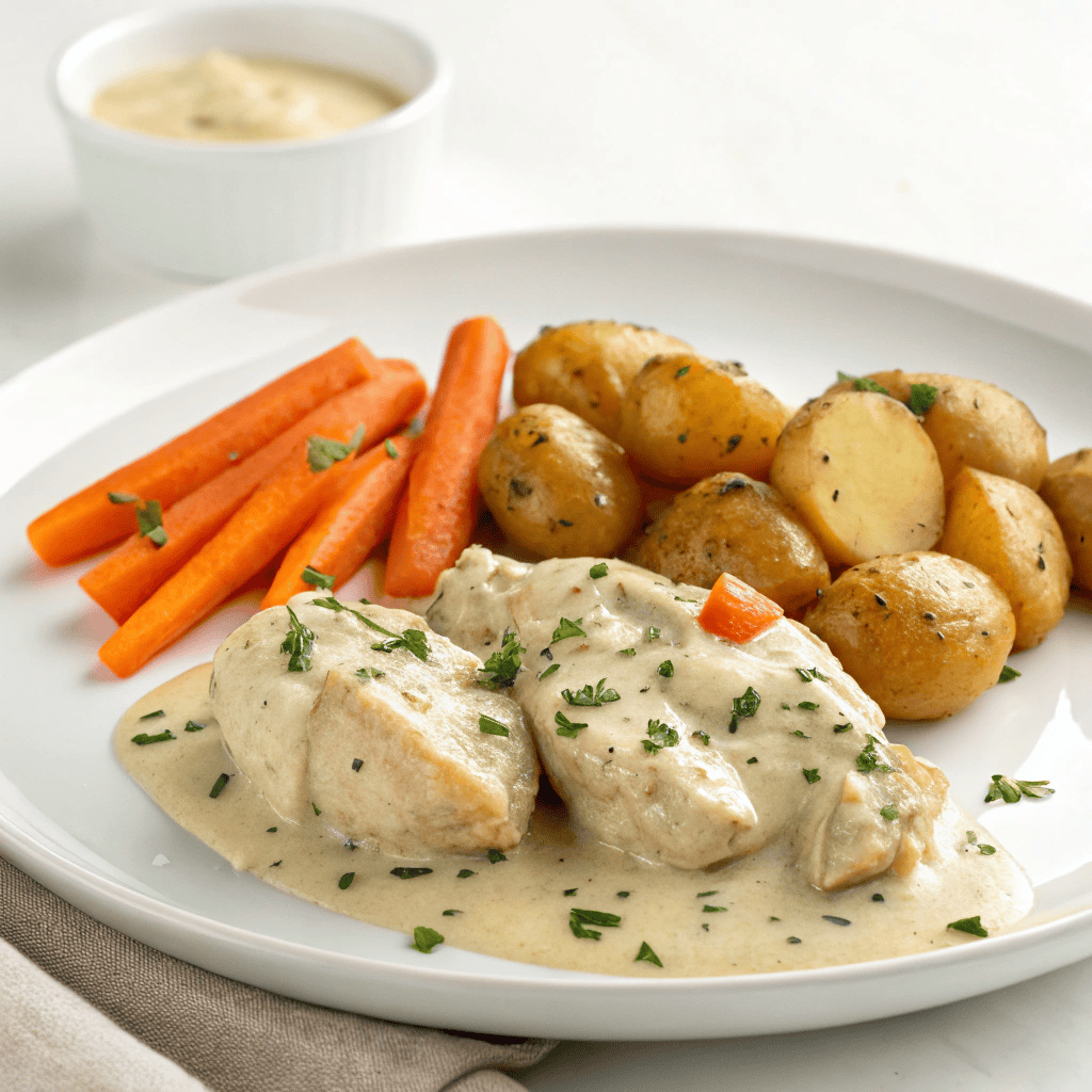 Serving of Crockpot Ranch Chicken with potatoes and carrots on a white ceramic plate.