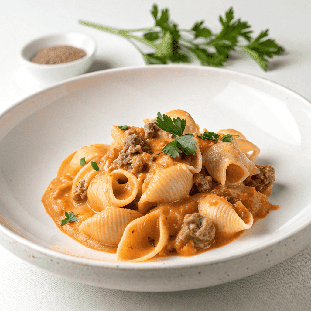 Creamy Beef and Shells – Easy One-Pot Pasta Dinner 1 Creamy beef and shells plated on a white ceramic dish with a clean studio background.
