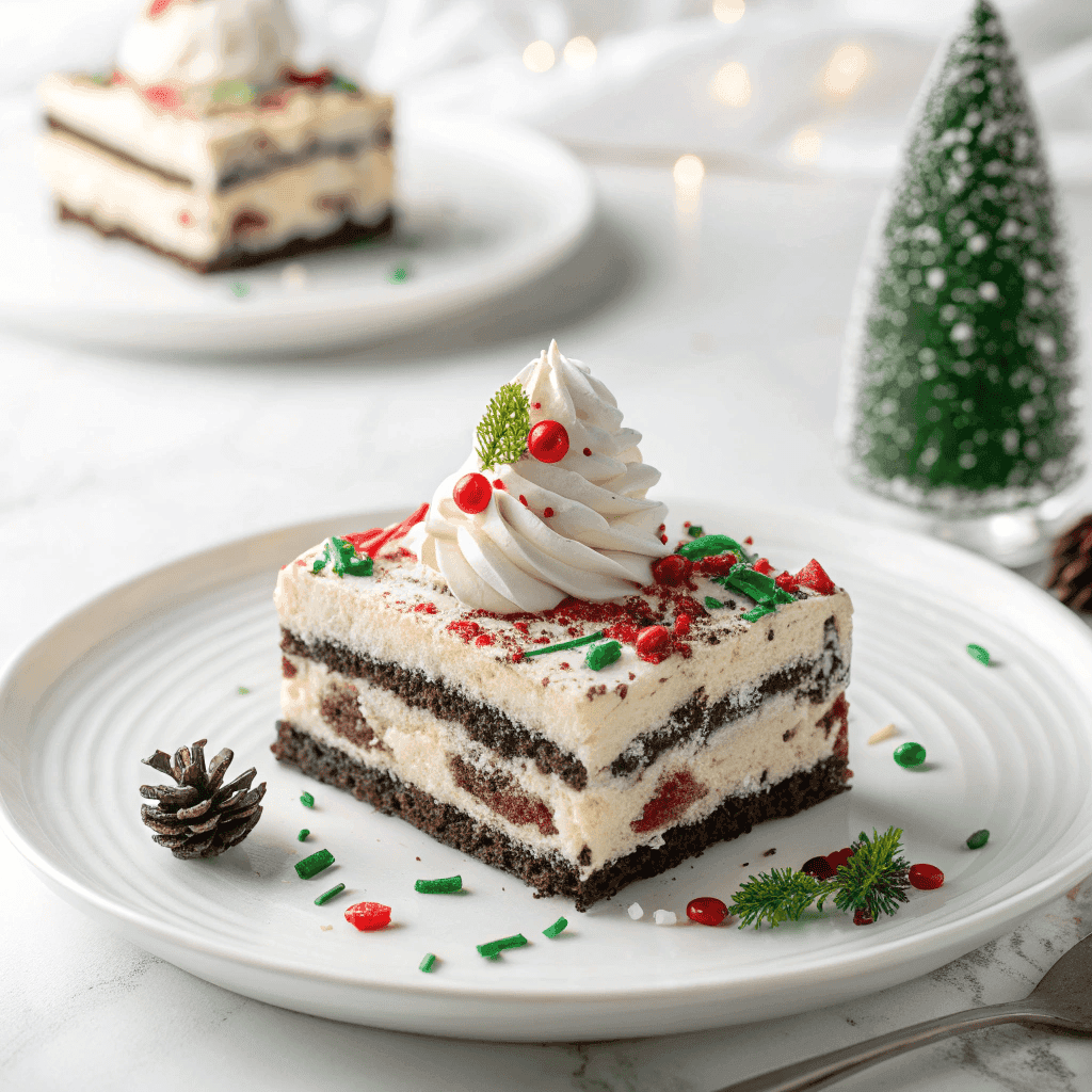 Clean white plate with a slice of Christmas Oreo lasagna topped with festive candies.