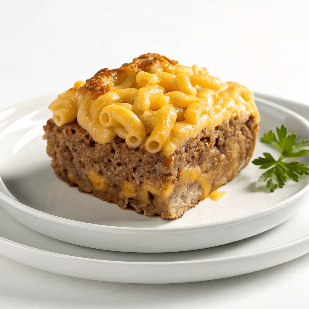Whole baked mac and cheese meatloaf with melted cheese topping in a baking dish.
