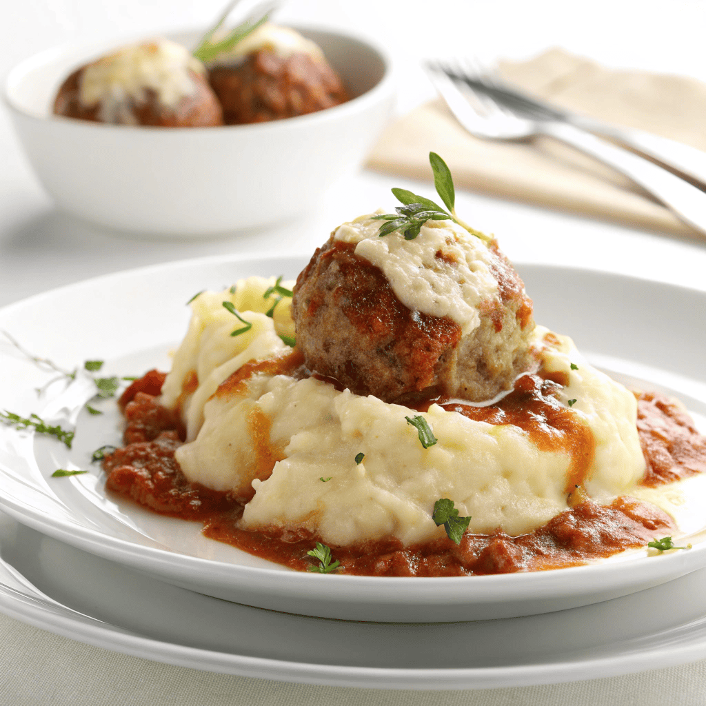 Serving of cheesy meatball and mashed potato bake on a white ceramic plate.