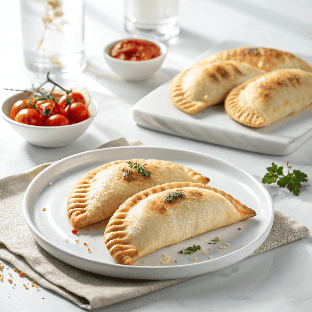 Air Fryer Calzones | Crispy, Cheesy & Ready in 15 Minutes 1 Golden air fryer calzones displayed on a clean white plate with a simple presentation.
