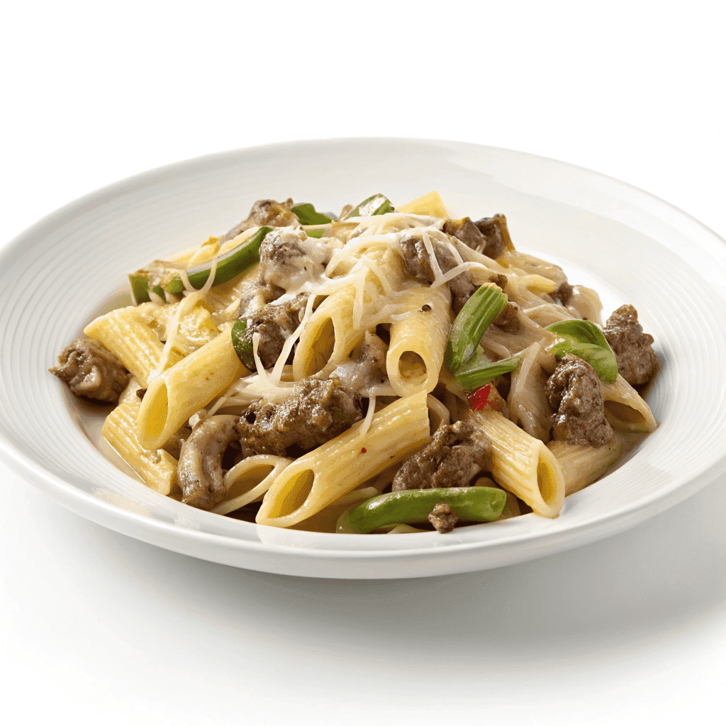 Serving of Philly cheesesteak pasta neatly plated on a white ceramic dish.