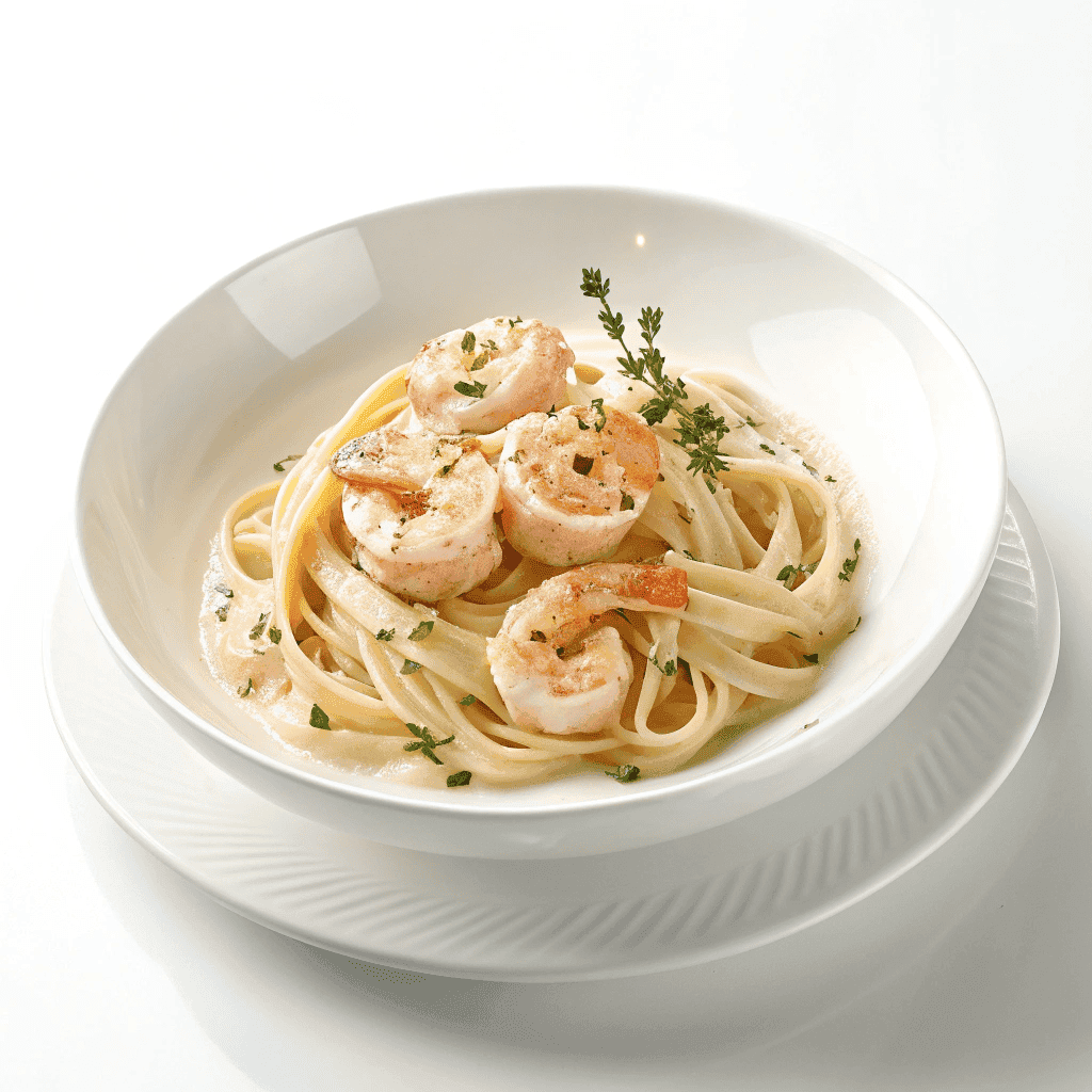 Shrimp Alfredo – Creamy Garlic Parmesan Pasta 1 Clean white plate of creamy Shrimp Alfredo pasta with seared shrimp.