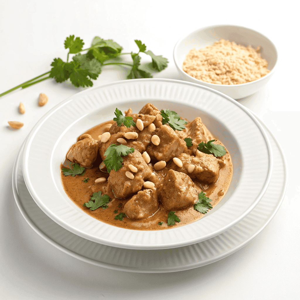Plated serving of peanut chicken with sauce, peanuts, and cilantro on a white ceramic plate.
