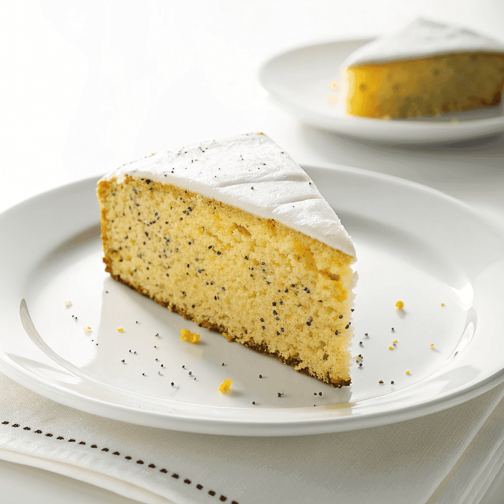 Single slice of lemon poppy seed cake with glaze on a clean white ceramic plate.