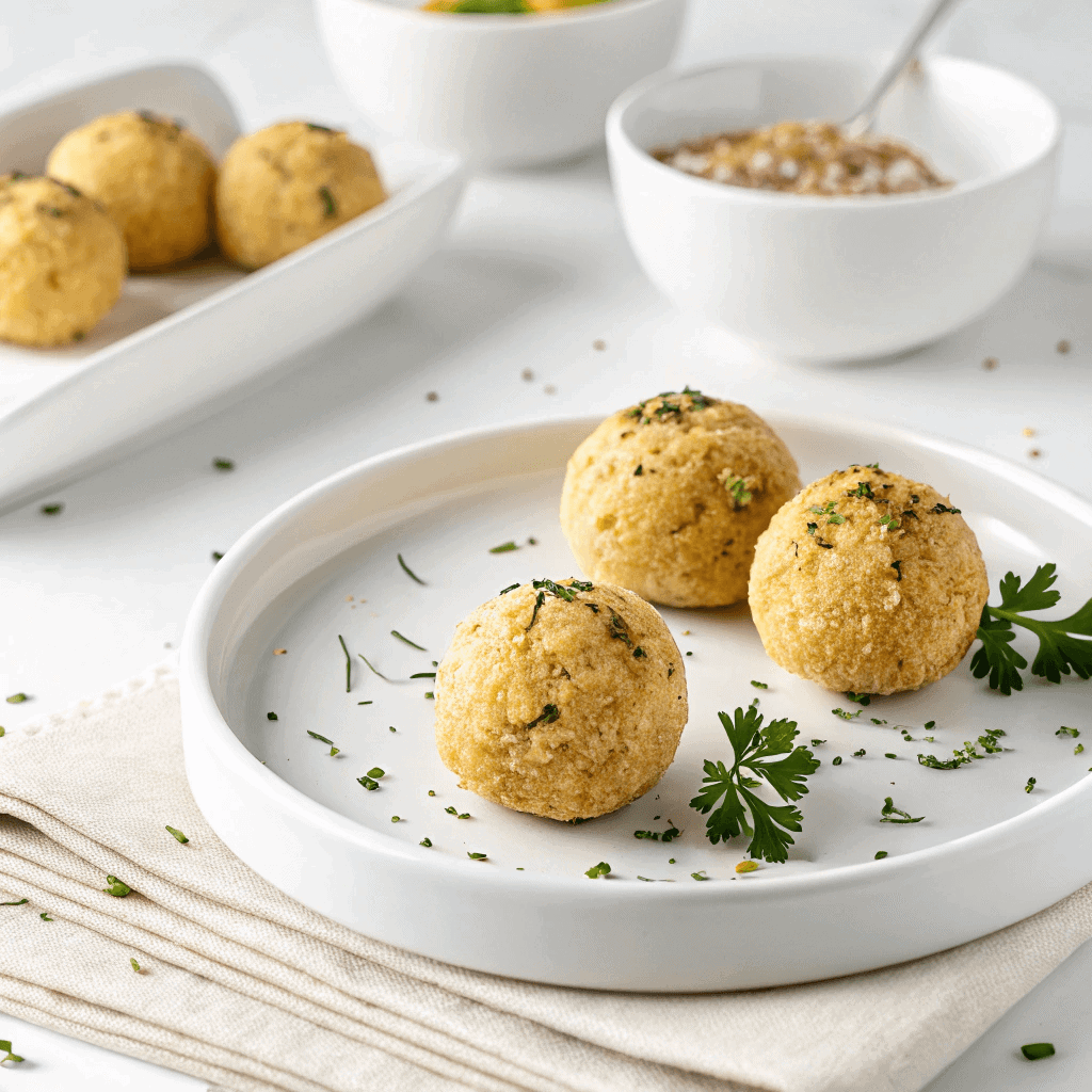 Crispy golden air-fried tofu balls arranged neatly on a clean white plate.