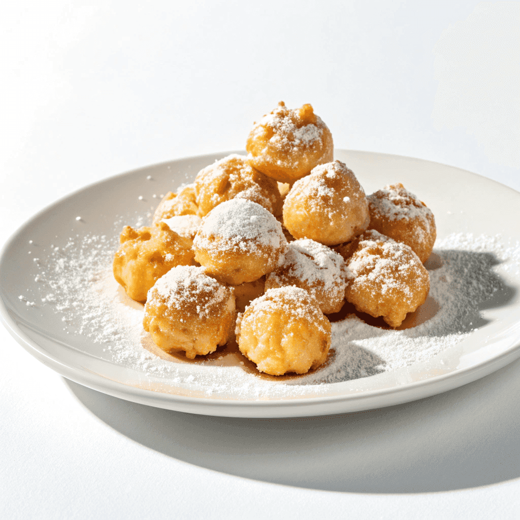 Air Fryer Funnel Cake Bites Recipe | Easy, Crisp & Golden 1 Golden funnel cake bites with powdered sugar served on a clean white plate.
