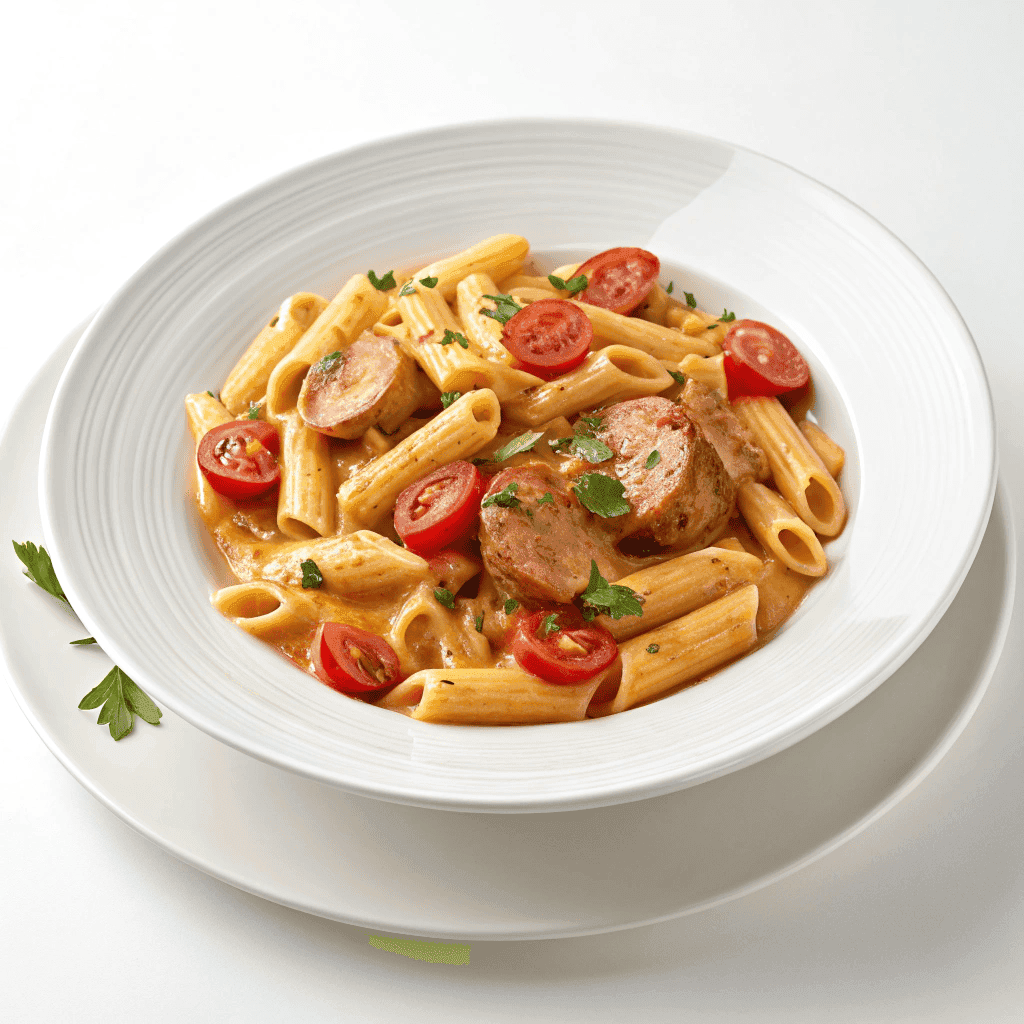 One Pot Creamy Cajun Sausage Pasta Recipe 1 Plated serving of creamy Cajun sausage pasta on a clean white ceramic dish.