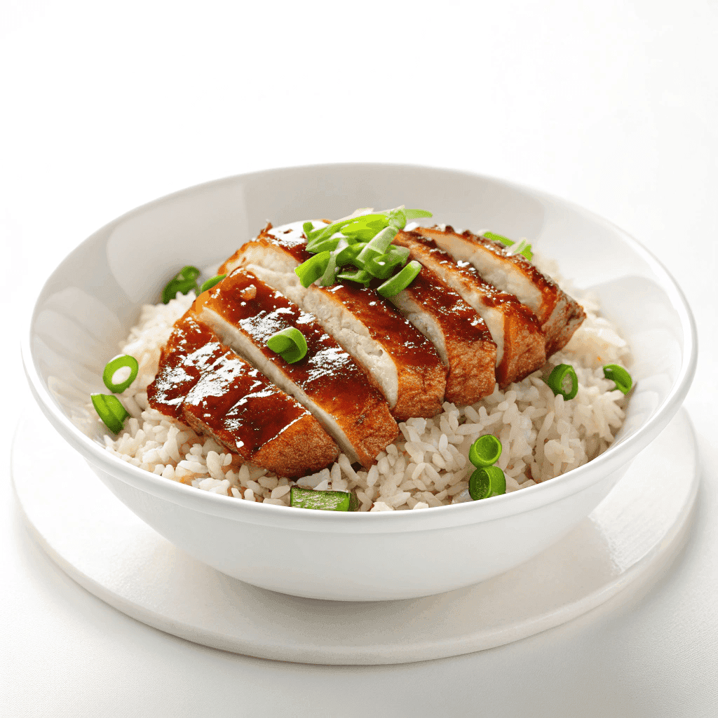 Plated serving of honey BBQ chicken over rice on a white ceramic plate.