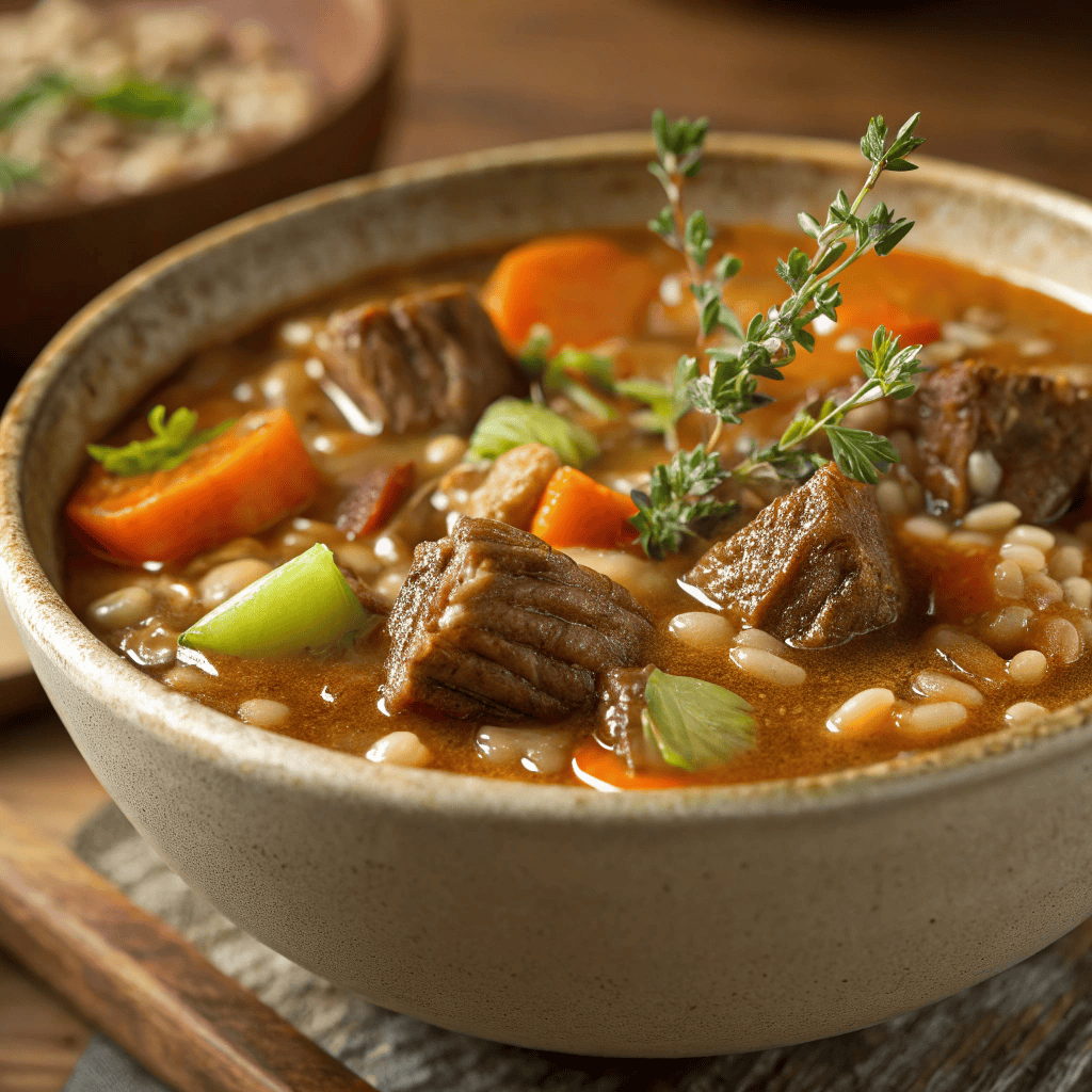 Close-up bowl of beef barley soup with tender beef, carrots, barley, and herbs.