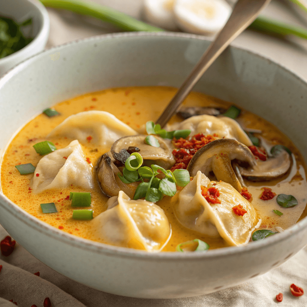 Coconut Curry Soup Recipe – Creamy and Ready in 30 Minutes 4 Close-up bowl of coconut curry soup with mushrooms, herbs, and chili flakes.