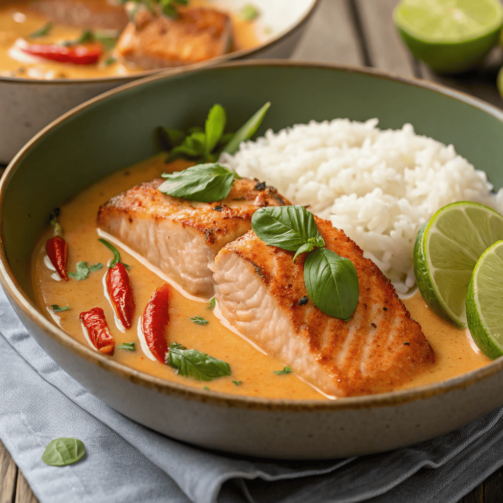 Close-up bowl of coconut salmon curry with rice, garnished with lime, chili slices, and herbs.