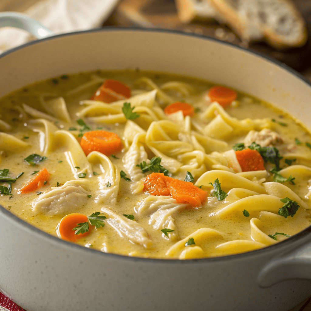 Close-up pot of creamy crack chicken noodle soup with shredded chicken, egg noodles, and carrots.