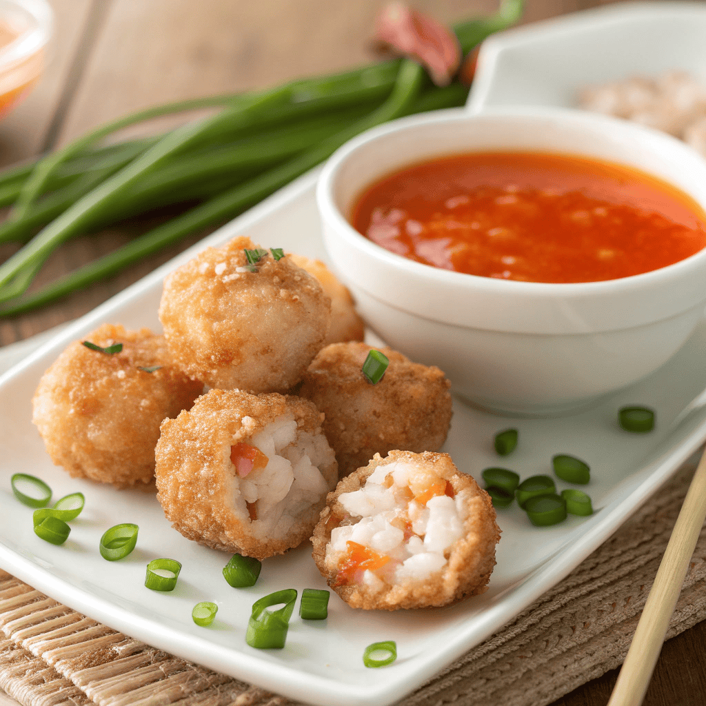 Close-up plate of golden shrimp balls with sweet chili dipping sauce and green onion garnish.