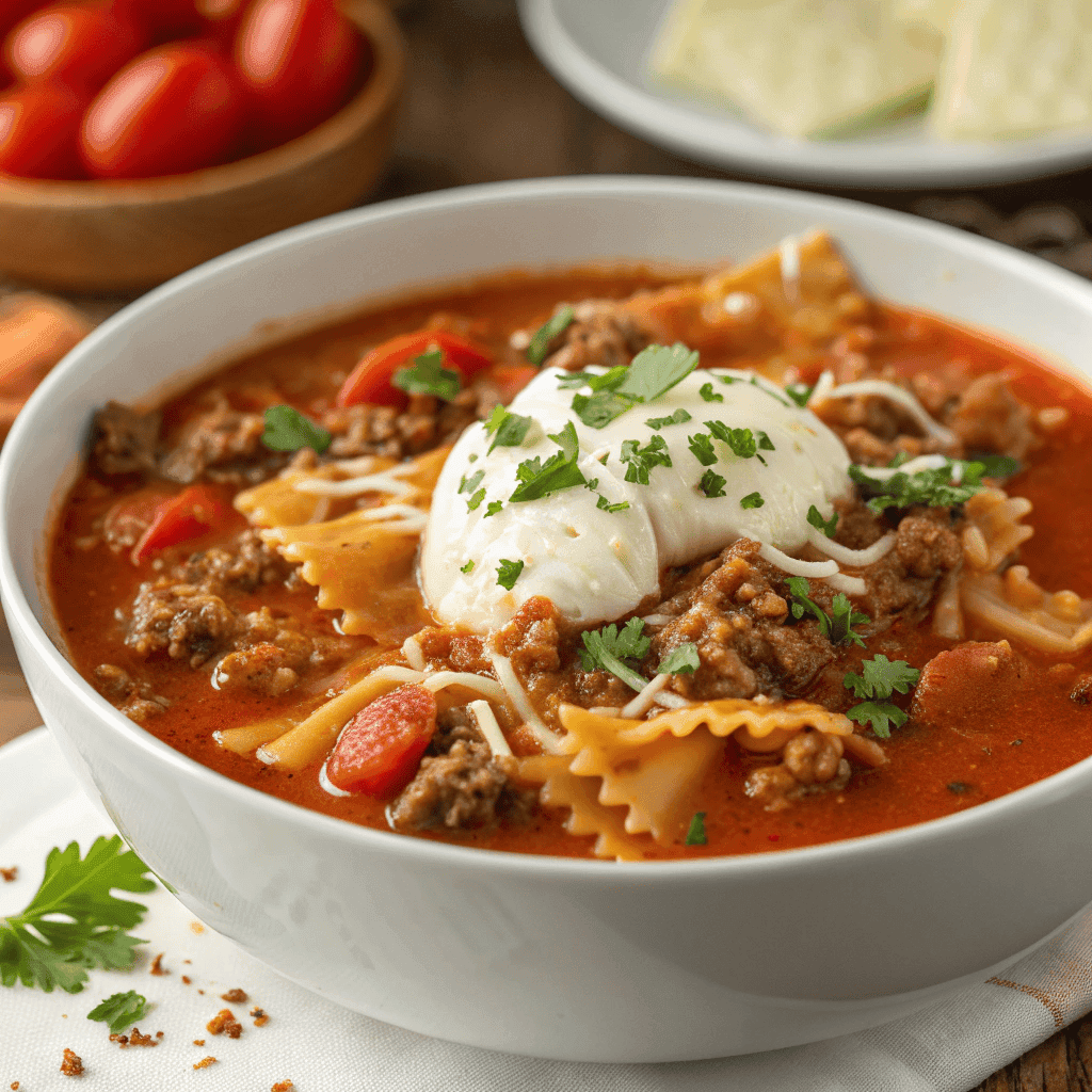 Close-up bowl of one-pot lasagna soup with cheese, sour cream, beef, and curly noodles.