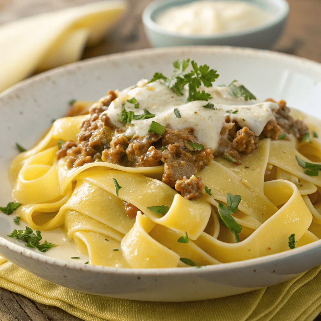 Close-up of pappardelle topped with creamy white Bolognese sauce and melted cheese.