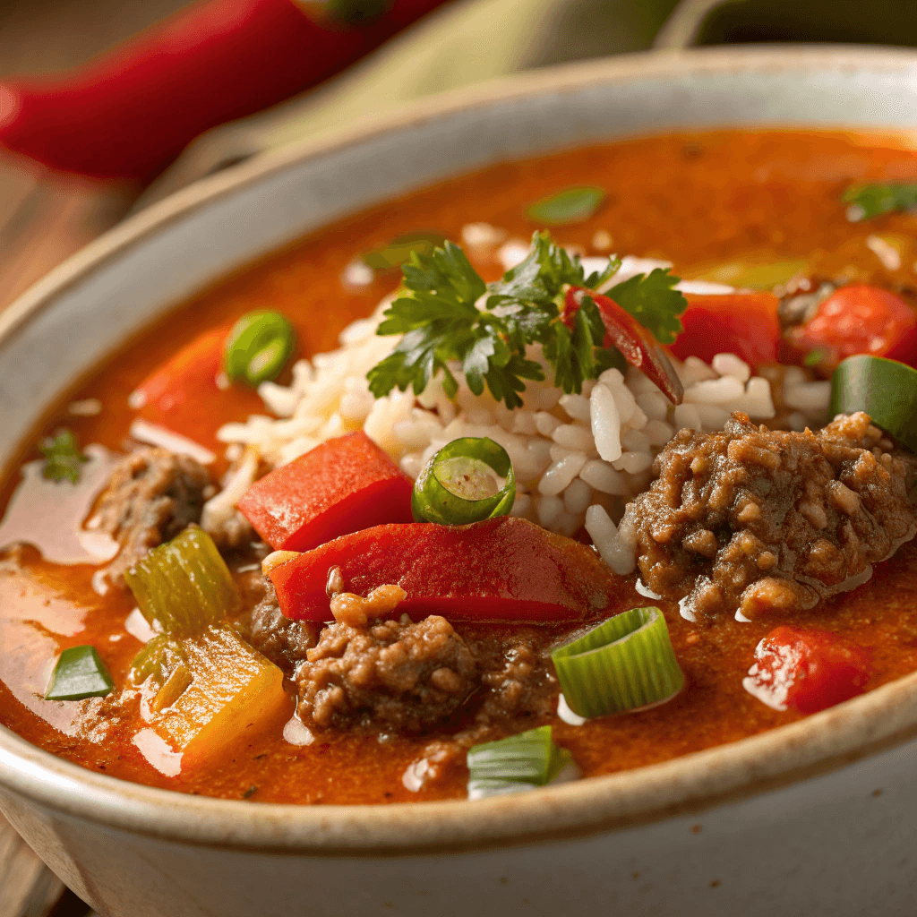Close-up bowl of stuffed pepper soup with ground beef, peppers, rice, and herbs.