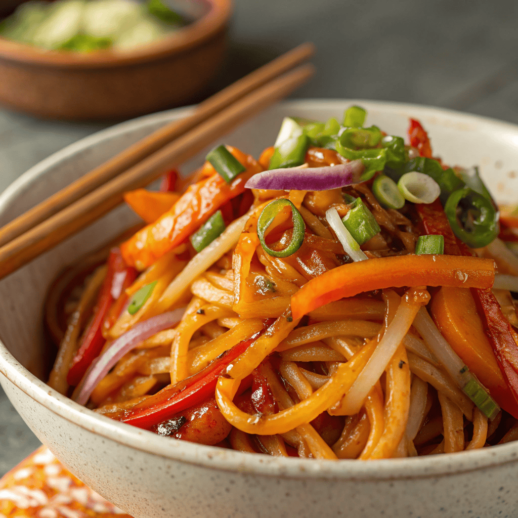 Close-up bowl of spicy Szechuan noodles with vegetables and green onions.