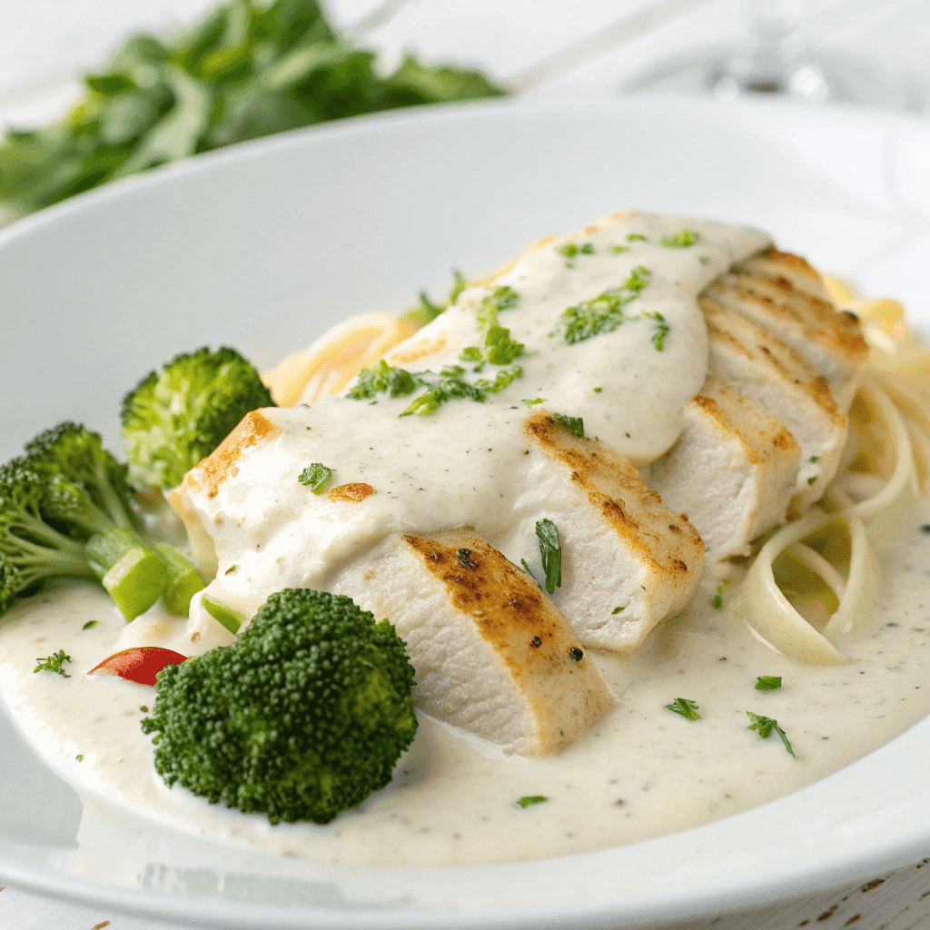 Close-up plate of creamy low-carb chicken Alfredo with broccoli on a white plate.