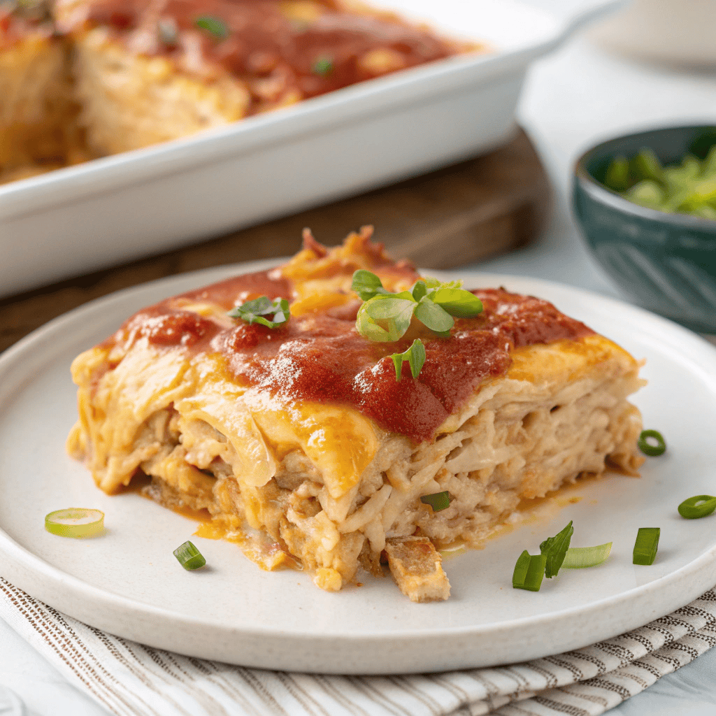 Close-up of a single serving of keto chicken enchiladas casserole on a white plate with melted cheese, enchilada sauce, and green onions.