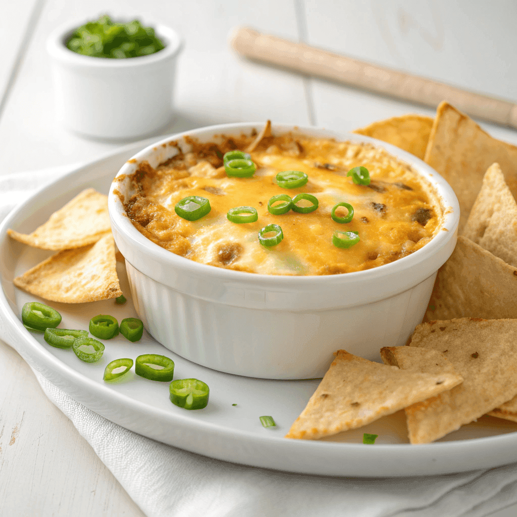 Scoop of Cheesy Texas Trash Dip on a white plate showing melted cheese and green onion toppings.