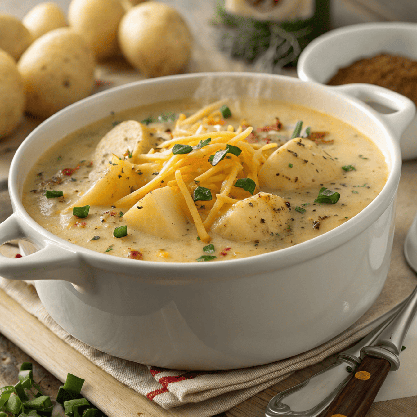 Hero shot of creamy Outback potato soup with potatoes, bacon, cheddar, and chives in a white pot.