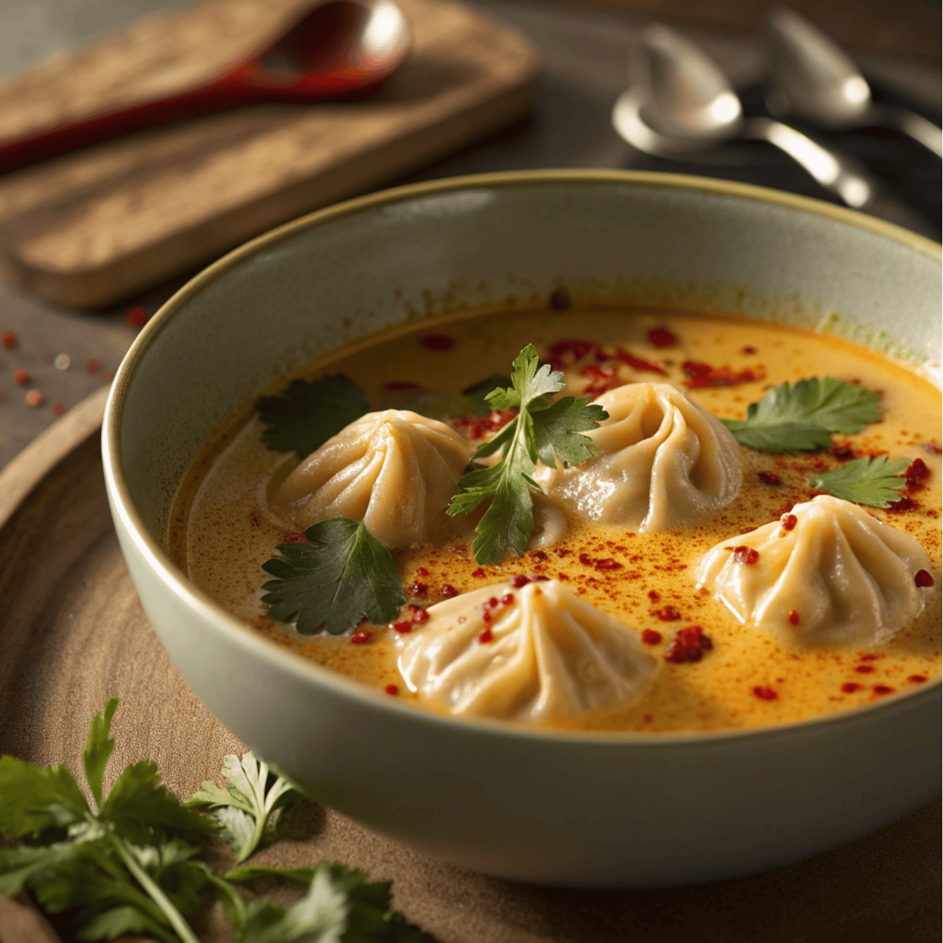 Hero shot of curry dumpling soup with folded dumplings, chili oil, and cilantro in a bowl.