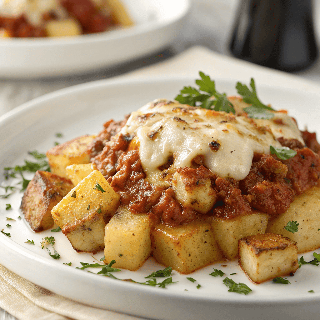 Close-up serving of cheesy four-cheese potato rösti on a white plate with parsley.
