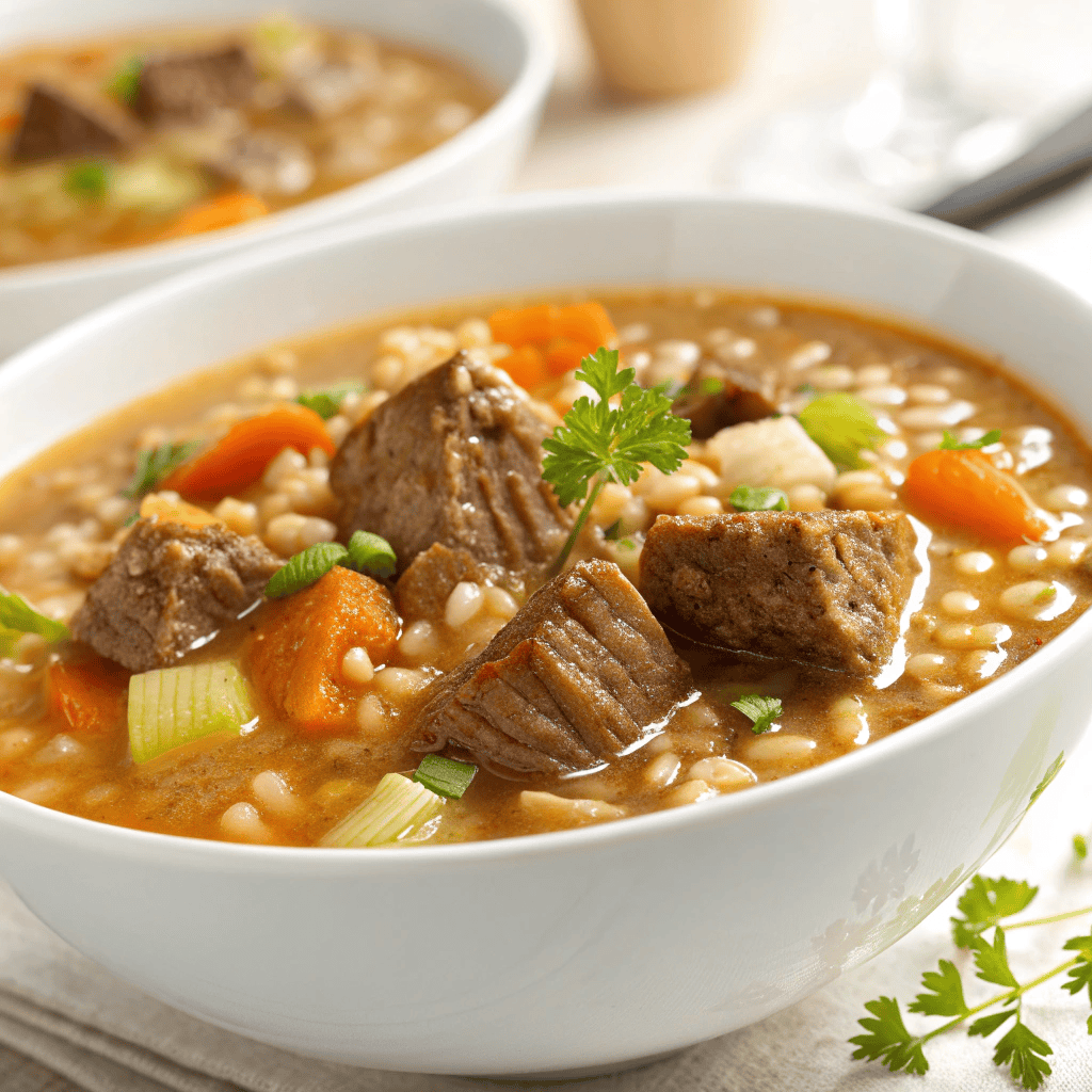 Close-up serving of beef barley soup in a white bowl with vegetables and herbs.