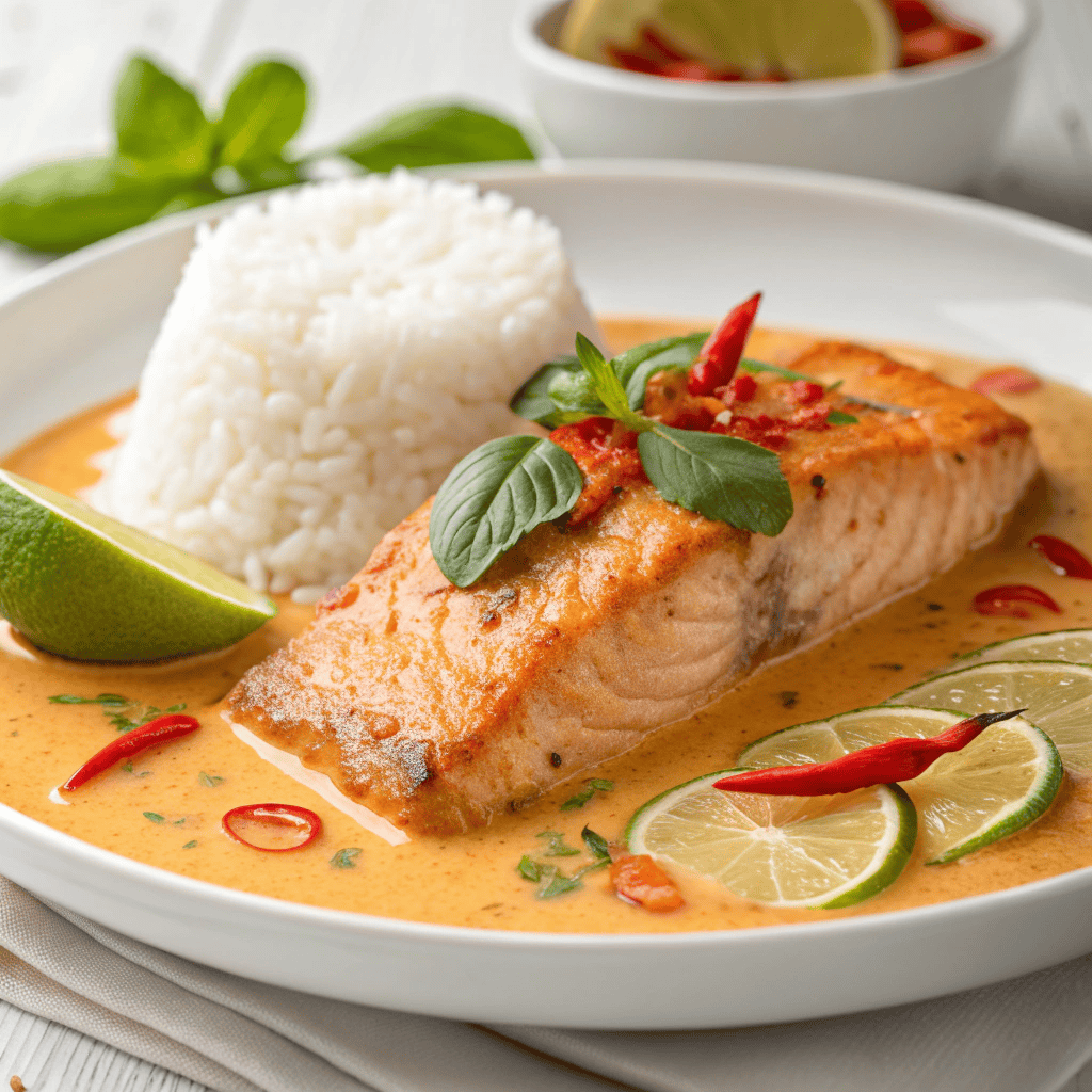Close-up of coconut salmon curry with fluffy rice on a white plate, topped with lime and chili.