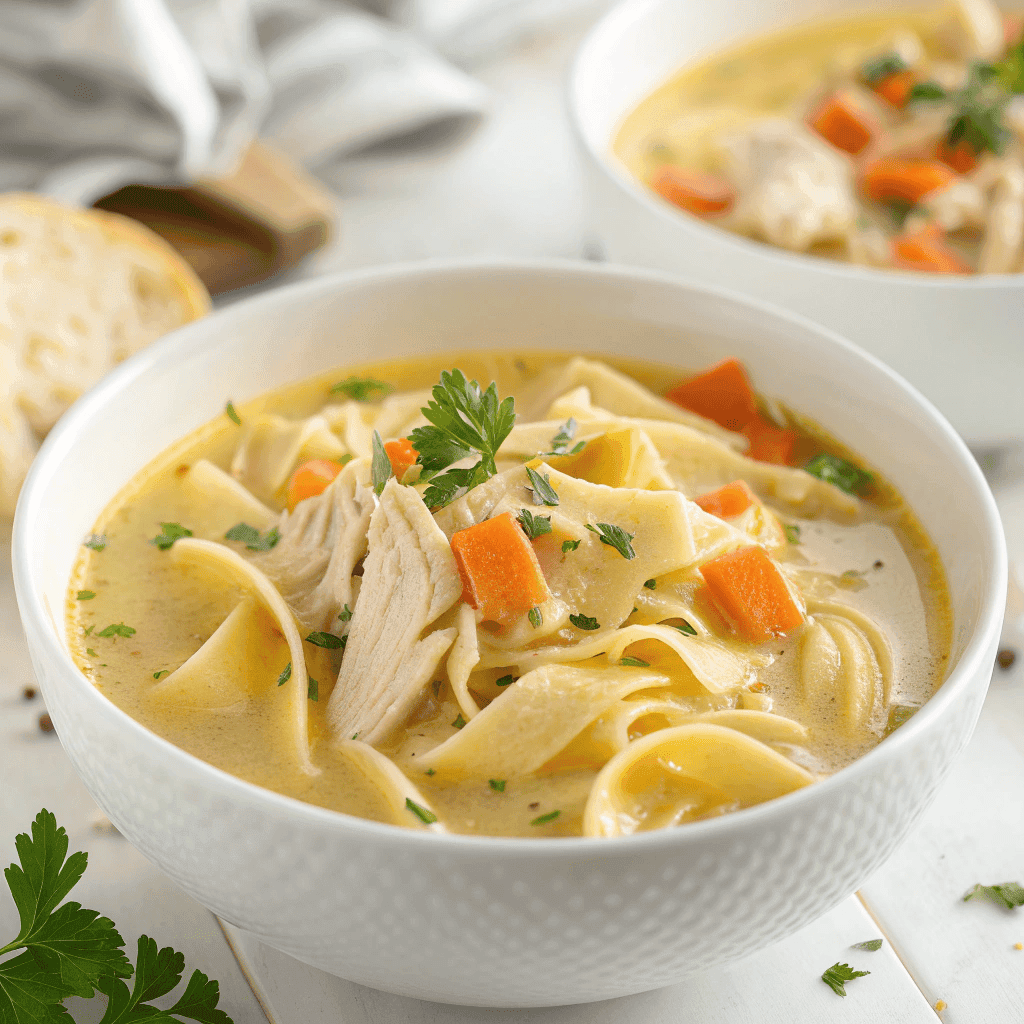 Close-up bowl of creamy crack chicken noodle soup with noodles, chicken, and carrots.