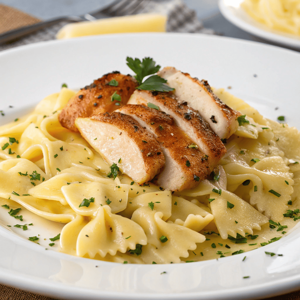 Close-up bowl of creamy garlic butter bowtie pasta topped with seared chicken and melted mozzarella.