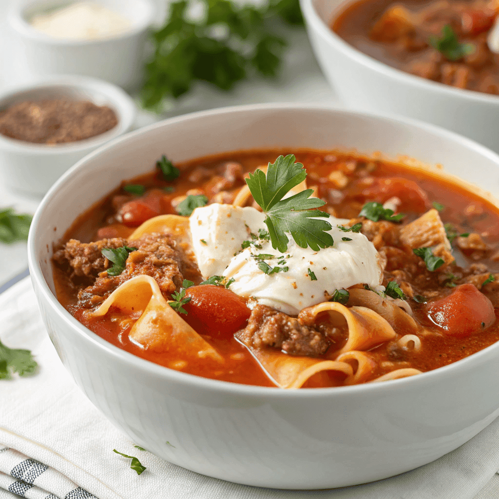 Extra close-up of cheesy lasagna soup with noodles, beef, and sour cream in a white bowl.