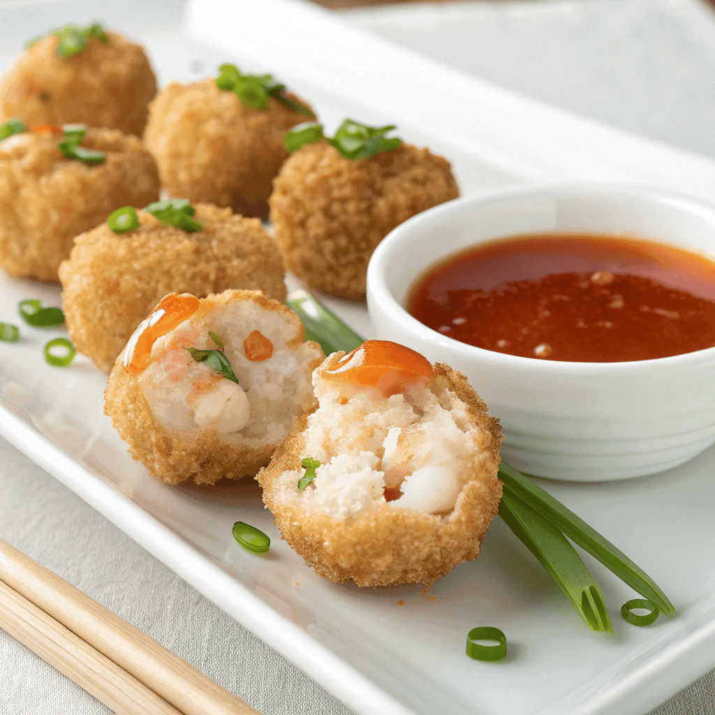 Close-up of crispy shrimp balls on a white plate with sweet chili sauce.