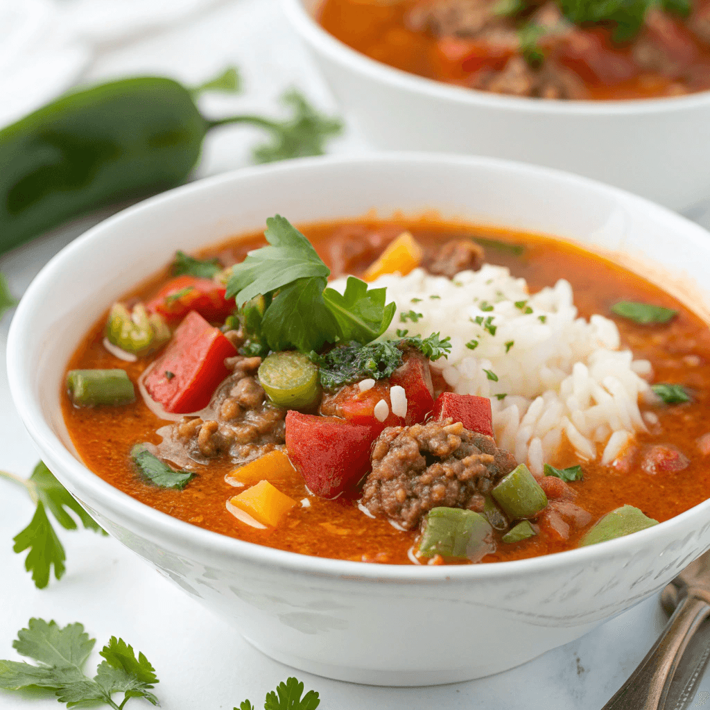 Extra close-up of stuffed pepper soup with rice, peppers, and ground beef in a white bowl.