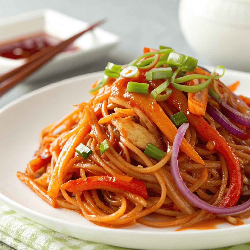 Close-up serving of Szechuan noodles on a white plate with vegetables and green onions.