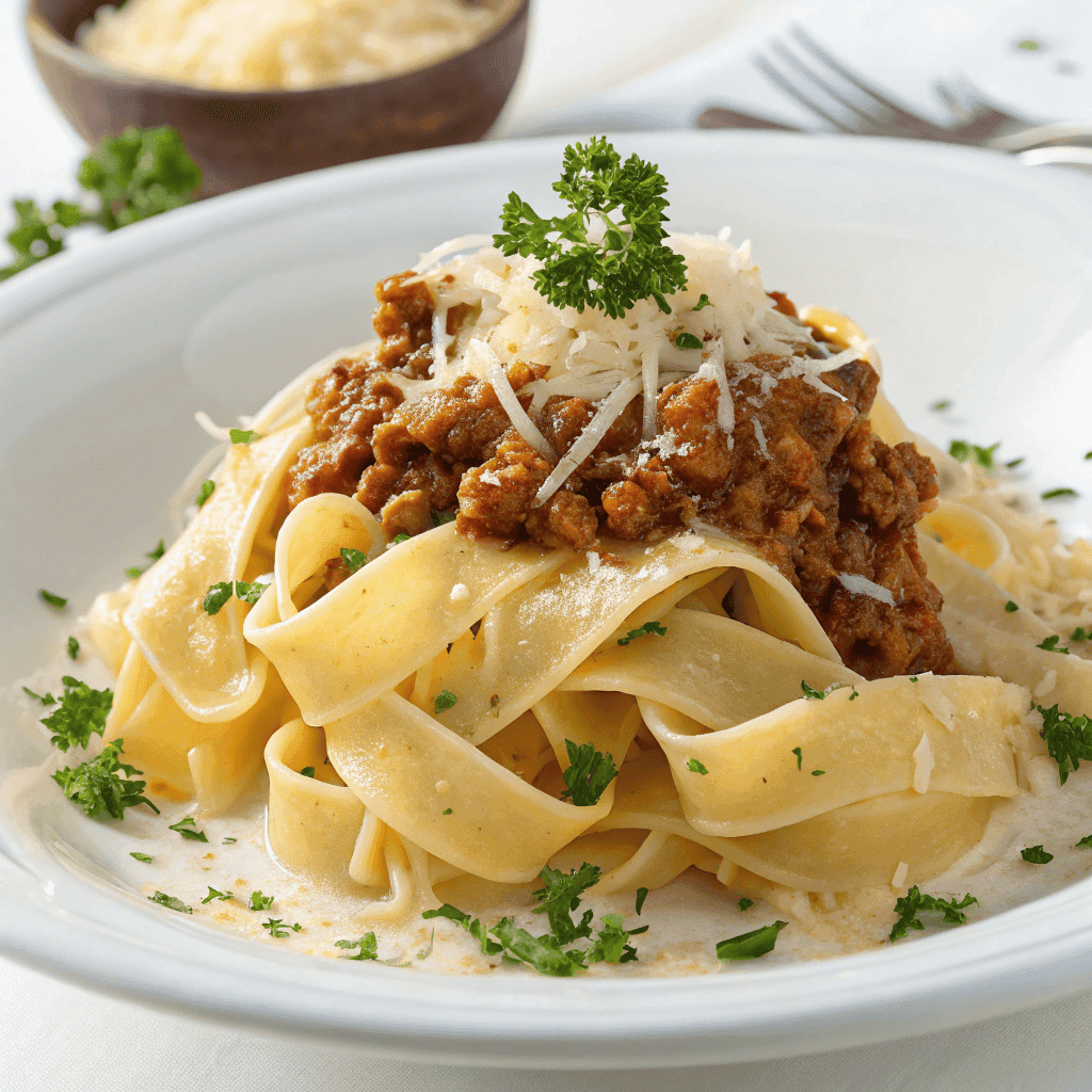 Close-up serving of pappardelle with creamy white Bolognese sauce on a white plate.