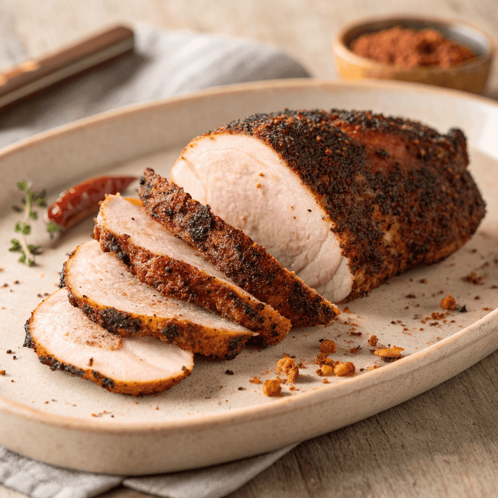 Sliced Cajun roasted turkey breast with dark spice crust and juicy interior served with pan juices.