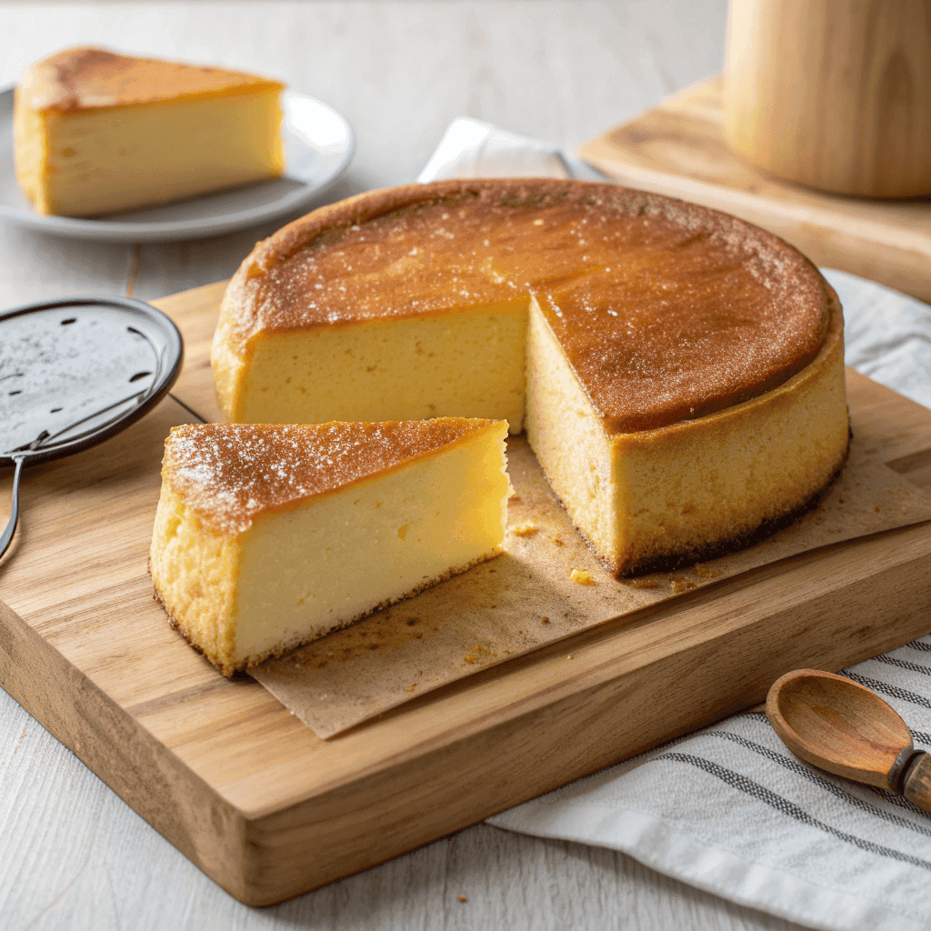 Full custard cake with a thick creamy center and golden sponge crust.