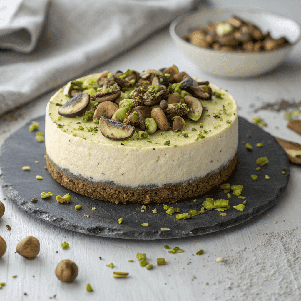 Savory pistachio and mushroom cheesecake with sautéed mushrooms, pistachios, and thyme on a dark crust.