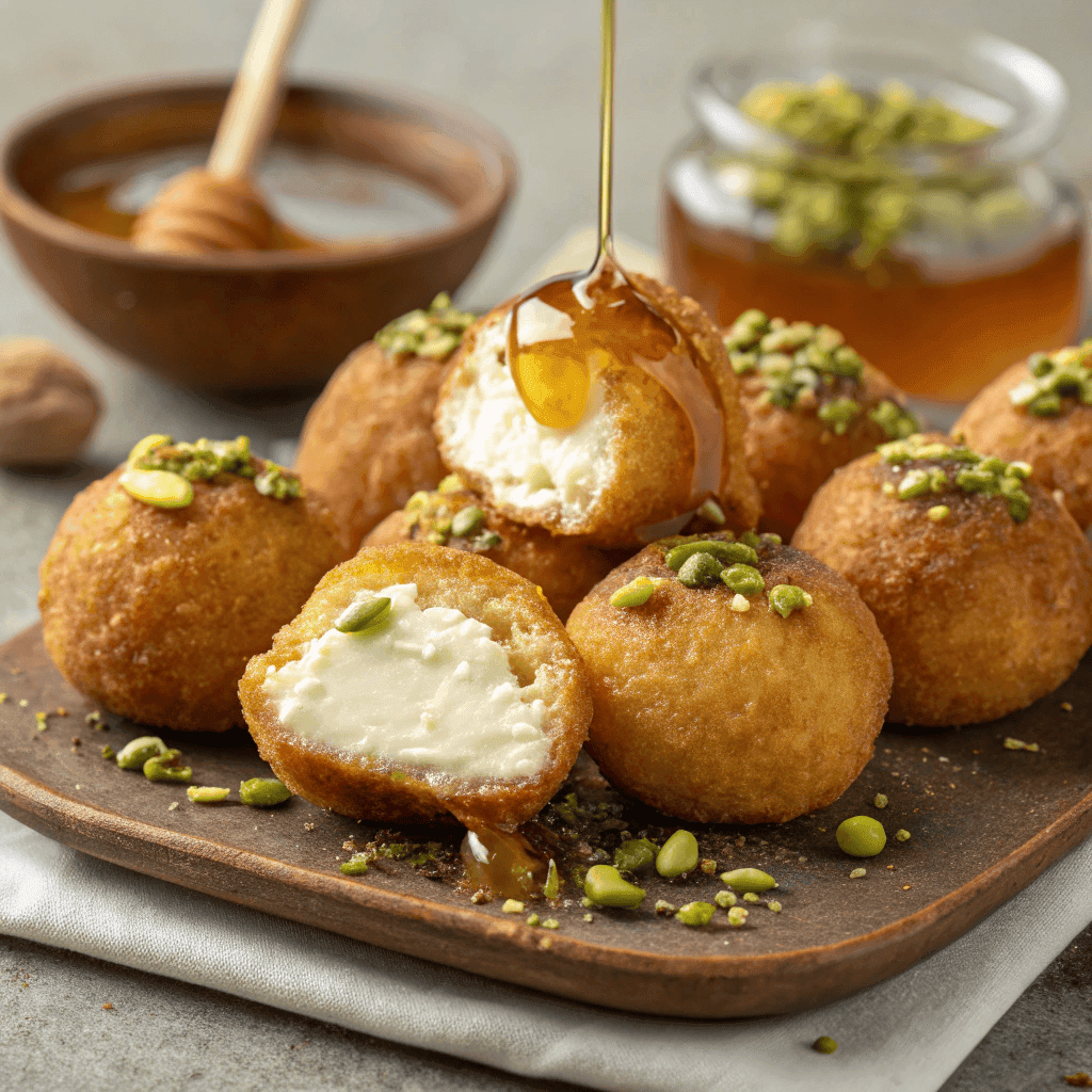 Golden fried pistachio honey bites filled with creamy cheese and drizzled with honey.