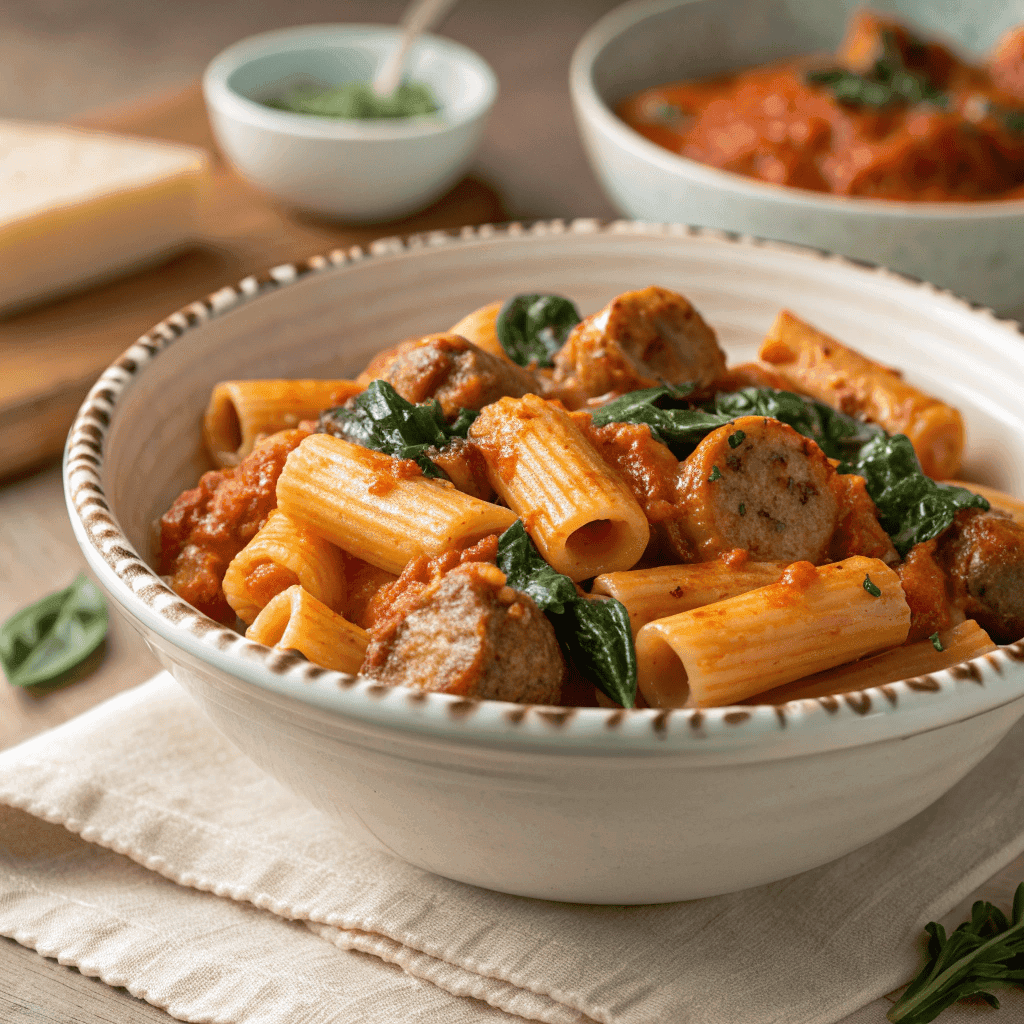 Rigatoni pasta with sausage and spinach in a creamy tomato sauce served in a white bowl.