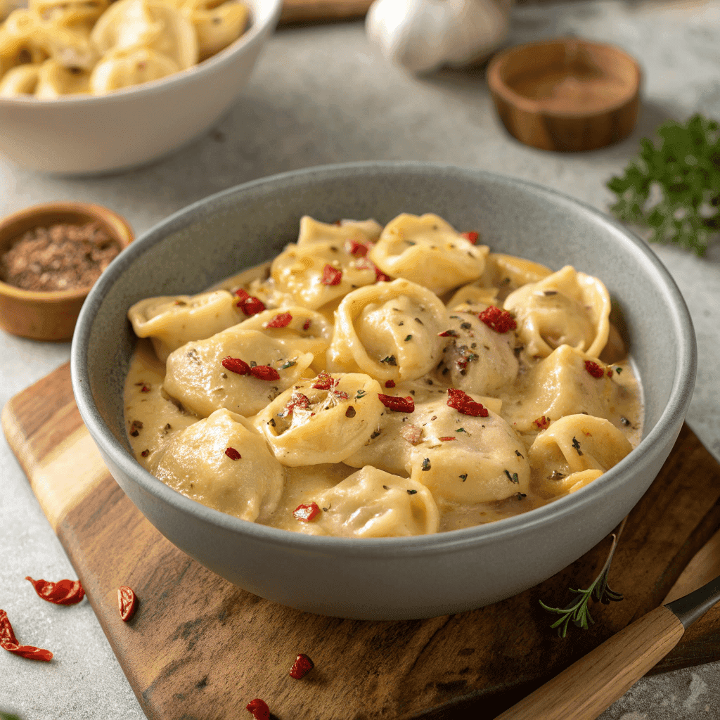 Cheese tortellini with chicken in spicy garlic butter sauce topped with herbs.